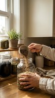 Woman pouring quinoa seeds from wooden bowl into glass jar in modern kitchen with natural lighting and plants for healthy food storage and organization.