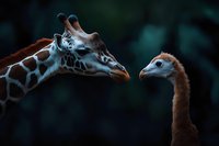 Giraffe and ostrich face to face in dramatic lighting against dark background, creating unique wildlife interaction moment. Unexpected animal friendship concept.