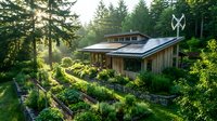Modern eco-friendly house with solar panels and organic vegetable garden surrounded by lush forest. Sustainable living and green architecture concept.