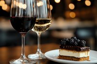 Red and white wine glasses paired with gourmet dessert slice on plate, elegant dining and wine tasting experience for restaurants, bars, events.