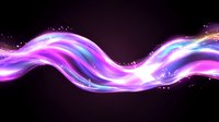 Glowing wavy lines with purple and blue neon light effect on black background, dynamic motion trail with sparkles and energy flow for modern design projects.