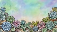Watercolor succulent garden border with pastel green, blue, and pink hues, featuring echeveria and cacti on a soft gradient background.