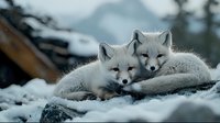 Two arctic foxes with white winter fur resting together in snowy landscape, close-up portrait showing their faces and fluffy coats against blurred natural background.