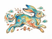 Colorful running rabbit with floral and swirl details, isolated on transparent background. Great for t-shirt design, stickers, clipart, sublimation, print on demand.