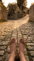 Bare feet resting on an ancient cobblestone path leading through stone walls and trees in warm golden light, personal perspective outdoors.