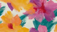 Vibrant watercolor floral pattern with orange and pink blooms against teal green leaves on white background, creating dynamic brushstroke effect for fabric and wallpaper design.