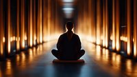 Silhouette of person meditating in lotus position in illuminated corridor with warm glowing lights creating peaceful atmosphere for mindfulness and spiritual practice.