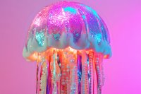 Jellyfish with glowing neon pink and cyan glitter coating, flowing tentacles in rainbow gradient colors, isolated on vibrant magenta background for design projects.