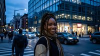 Young African American woman with dreadlocks smiling on busy city street at dusk with illuminated buildings and traffic in urban downtown area.