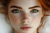 Close up portrait of young woman with bright green eyes, natural freckles, and red hair against white background. Natural beauty and skincare concept.