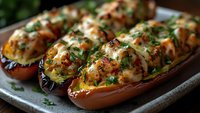 Roasted eggplant boats filled with seasoned meat and melted cheese, garnished with fresh herbs on rustic serving plate. Close up view of Mediterranean cuisine.