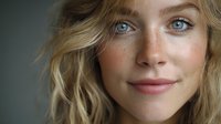 Close-up portrait of young woman with blonde wavy hair, blue eyes, and natural freckles against neutral gray background.