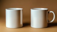 Two white ceramic mugs on brown background, one with handle and one without, showing different coffee cup styles for cafe and home use.