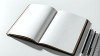 Open notebook with blank white pages and brown leather cover, stacked with additional closed notebooks, isolated on white background for design mockups and branding projects.