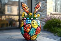 Colorful mosaic bunny planter with stained glass pattern and yellow daisies, featuring vibrant turquoise, orange, and red segments on outdoor patio setting.