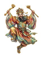 Bearded male deity figure wearing ornate golden crown and colorful robes, holding ceremonial staffs aloft in dynamic pose. Asian mythological character isolated on white background for design applications.