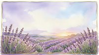 Watercolor lavender field landscape with rolling hills and soft purple sky at sunset for relaxation and aromatherapy designs.