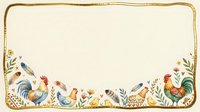 Roosters and hens with wildflowers and botanical elements in vintage style frame on cream background, isolated for design use.