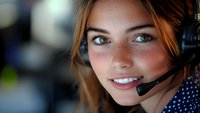 Young female customer service representative with bright blue eyes and warm smile wearing headset against blurred background. Professional portrait for business communications.