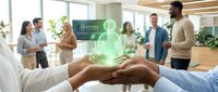 Diverse business team in modern office holding glowing green holographic human figure, symbolizing eco-tech solutions and sustainable leadership.