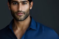 Portrait of confident middle eastern man in blue shirt against dark background, dramatic studio lighting highlights strong facial features and beard.