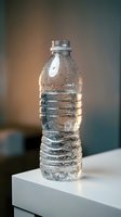 Plastic water bottle with condensation droplets on surface, filled with clear liquid, placed on white platform against blurred background for beverage and hydration concepts.
