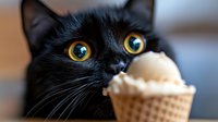 Curious black cat with bright yellow eyes staring intently at vanilla ice cream cone in close-up view, showcasing playful feline behavior and sweet temptation.