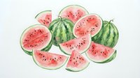 Fresh watermelon slices and whole fruits arranged on white background. Summer fruit illustration for healthy eating, nutrition guides, recipe books.