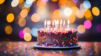 Chocolate birthday cake with lit candles and colorful sprinkles against blurred bokeh lights background, festive celebration atmosphere on dark table with scattered confetti.