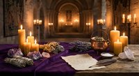 Mystical altar setup with candles, crystals, sage bundles and ancient scrolls in gothic stone chamber for spiritual rituals and meditation practices.
