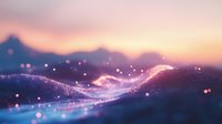 Magical glowing particles flowing in waves against blurred mountain silhouette at sunset, creating ethereal atmosphere with bokeh light effects and purple hues.