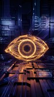 Futuristic digital eye with glowing orange iris surrounded by circuit patterns and holographic interface elements on dark blue technology background.
