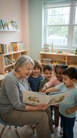 Senior woman with gray hair reading storybook to diverse group of young children in bright classroom library. Educational setting with bookshelves and toys.