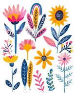 Colorful folk art floral elements with sunflowers, daisies and rainbow in pink, yellow and navy blue tones. Scandinavian style botanical illustration for surface pattern design.