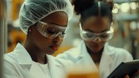 African American female scientists in laboratory wearing protective equipment analyze data on digital tablet while conducting medical research.