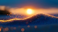 Glowing golden particles form dynamic wave against dark blue background with bokeh light effects and sunset atmosphere, creating magical abstract composition.
