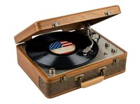 Vintage wooden suitcase turntable with black vinyl record featuring American flag label, isolated on white background for design and merchandise use.