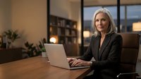 Mature woman with long gray hair and Caucasian ethnicity wearing black blazer working on laptop at wooden desk in modern office with evening city view and bookshelf background.