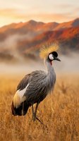 Majestic crowned crane standing in golden grassland at sunrise with misty mountains and warm autumn colors creating serene wildlife scene.