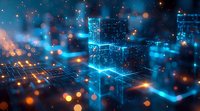 Futuristic digital cityscape with glowing blue geometric structures and orange light particles, perfect for technology, innovation, and smart city concepts. Abstract network visualization background.