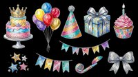Colorful birthday party decorations collection featuring festive cake, balloons, party hat, gift box, cupcake, stars, bunting flags, ribbon, and bows isolated on transparent background. Ready for t-shirt designs, clipart, stickers, and print-on-demand projects.