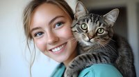 Young Caucasian woman with natural makeup and bright smile wearing turquoise medical scrub holds striped tabby cat with green eyes looking at camera.