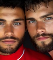 Close-up portrait of two young bearded men with striking blue eyes wearing red clothing against dark background, showcasing diverse facial features and modern style.