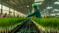 Young Asian female farmer in protective workwear tending to hydroponic wheat grass rows in modern indoor agricultural facility with natural lighting through windows.