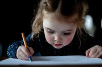 Young blonde girl concentrating while drawing with colored pencil on paper in soft lighting for educational and creative development concepts.