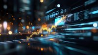 Digital financial data visualization with glowing stock market charts, candlestick graphs, and streaming code displaying real-time trading information and analytics for investment platforms.