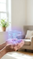 Elderly hands holding futuristic holographic medical interface cube displaying health data and vital signs in modern living room setting.