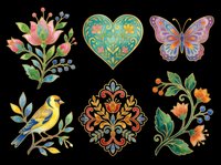 Six ornate folk art elements isolated on transparent background: floral branch, heart, butterfly, bird, damask motif, and berry stem. For clipart, stickers, t-shirt design, sublimation.