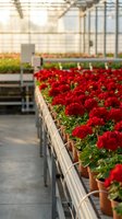 Rows of vibrant red geranium flowers in terracotta pots arranged on greenhouse benches for commercial plant nursery cultivation and retail gardening sales.