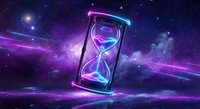 Cosmic hourglass with glowing sand streams against starry nebula background with purple and blue light beams creating mystical time concept for fantasy designs.